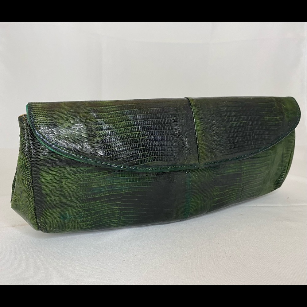 Bass Deep Green Real Lizard Clutch Handbag EUC